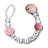 Lovely Personalisiertes Baby Geschenk, Mädchen/Junge, Schnullerkettchen mit Name, Schnullerband, verschiedene Farb-Varianten Daisy (11.Blush)