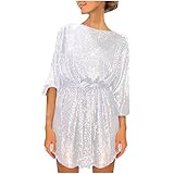 Paillettenkleid Damen Glitzer Party Minikleid Mit GüRtel Pailletten Solide Langarm Rundhals Mini Kleid Attraktives Pailletten BüHnen Nachtclub Partykleid Einfarbiges Glitzerkleid Ladies Kleider