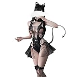 Dessous-Sets FüR Damen Räumungsverkauf！ Sexy Damen Dessous Katze Cosplay hohl Babydoll Unterwäsche Schwanz Glocke Stirnband Schlafanzug Jumpsuit Anzug