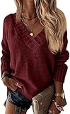 Wenrine Damen Pullover Winter Langarm V-Ausschnitt Strickpullover Sexy Lose Einfarbig(Burgunderrot,S)
