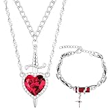 AHEJIOO Y2k Schmuckset, Silberfarbene Halskette Mit Mehrlagigem Herz-Schwert-Anhänger, Vintage-Stil Schmuck Für Jahrestage Und Valentinstag, Halskette Und Armband Für Paare, Emo Und H2o Kette