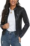 Fahsyee Damen Kunstlederjacke, Moto Biker Lederjacke Antik-fertige Schlanke Vegane Reißverschlussjacke Schwarz, Größe S