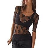EMOTTOS Frauen Sexy Durchsichtig Spitze Tops, Bestickte Spitze Blumen Gedruckt Mesh Kurzarm Hemd, Rundhals Slim Fit Hemd für Club Party, Schwarz, M