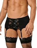 ohmydear Strumpfgürtel Herren Sissy Dessous Männer Strapsgürtel Breit mit 6 Clips Strumpfhalter Große Größen Hohe Taille Garter Belt Erotische Strings Gay Unterwäsche Reizwäsche für Sex Schwarz XL