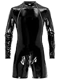 FEESHOW Herren Wetlook Body Leder Latex Overall Kurzer Langarm Lack Leder Männerbody Ouvert mit 3-Reisverschluss M-4XL Schwarz_F XL