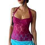 Carolilly Y2K Tanktop für Damen, Spitze, Neckholder, ärmellos, rückenfrei, bauchfrei, schulterfrei, Sommer, lässig, schmale Passform, T-Shirts, Camisole Vintage, Streetwear, violett, rot, Small