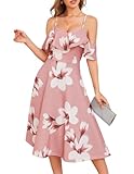 Bbonlinedress Sommerkleid Damen midilang Schulterfrei Brautjungfernkleider elegant Cocktailkleid Partykleid festliches Trägerkleid mit Blumendruck Blush White Flower L