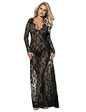 comeondear Damen Kleider Sexy Spitze Lang Langarm V-Ausschnitt Negligee Transparent Schwangerschafts Umstandskleid Reizwäsche Dessous mit G-String(Schwarz,3XL-4XL)