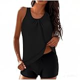 Tankinis Für Damen,Tankini Damen Bauchweg - Set Große Größen Badeshorts mit Oberteil Bademode Badeanzug Push Up Strand Schwimmanzug Badeanzüge Sommer Zweiteilig Badebekleidung (Schwarz,M)