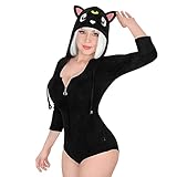 LittleForBig Baumwoll Hoodie Strampler Reißverschluss Onesie Schlafanzug Bodysuit - Schwarze Katze Luna Onesie XXXXL