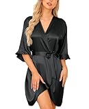 Wikoan Bademantel Satin Damen kurz Kimono Satin Weich Morgenmantel Damen leicht Robe mit Gürtel Bademäntel für Damen Schwarz XL