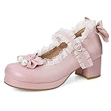 elerhythm Damen Mary Jane Plattform Kawaii Bow Pearl Chunky Ankle Strap Block Heels Spitze Nette Cosplay Kleider Runde Zehe Schuhe（Rosa EU40）