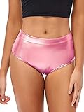 TiaoBug Damen Hot Pants Wetlook Shorts Hohe Taille Kurze Hose aus Lackleder Breiter Bund Gogo Tanz Outfits Sexy Clubwear Rosa S M