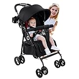 Vinteky Klappbar Buggy Kinderwagen Sportwagen Kindersportwagen Kombi-Funktion Reisebuggy, 360° 4-Zoll-Räder, mit Liegefunktion 5-Punkt-Sicherheitsgurt, ab 6 Monate 25kg Großer Korb Schwarz