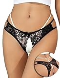 comeondear Brazilian Slip Damen Spitze Unterhosen Sexy Unterwäsche für Mollige Frauen Tanga mit Loch Große Größen Ouvert Dessous Reizwäsche Curvy Panty Hipster Underwear Lingerie(Schwarz,XXL)