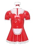 LiiYii Herren Crossdresser Dessous Sissy Lederkleid Cosplay Maid Kostüm V-Ausschnitt Minikleid Wetlook Lackkleid Mann Erotische Rot XL
