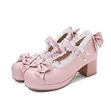 GYYZAYH Frauen Runde Zehe Mary Jane Schuhe Lolita Schuhe Bowknot Leder Schuhe Süße Flache Mund Schuhe Plattform Lolita Schuhe Für Cosplay,Rosa,45 EU