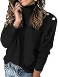 Imily Bela Damen Pullover Elegant Stehkragen Strickpullover Leichter Basic Pulli Winter Lange Ärmel Gemütliche Gestrickte Passform mit Metallknöpfen(Schwarz,L)