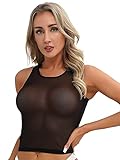 iEFiEL Damen Sport BH Bauchfrei Oberteil Crop Tops Transparent Mesh Top Kurz Weste Tank Top Mesh Unterhemd Unterwäsche Schwarz Weiß Schwarz Tanktop XL