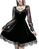 Grufti-Kleid für Damen, Lolita-Kleid mit Spitze, Langarm, schwarz, Retro, Punk, Puffärmel, A-Linie, ausgestellt, kurzes Kleid, F-schwarz, Small