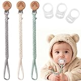 EARLY MINDS 3er-Pack Schnullerkette Baumwolle, Geflochtene Schnullerband, Baby Schnullerhalter mit Buchenholz Clip, Unisex Design für Mädchen und Jungen (Weiß Grau Blau)