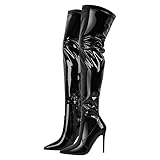 blingqueen Damen Overknees Spitze Stiefel Stiletto High Heels Thigh High Stretch Boots Lack Schwarz 46 EU