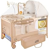 all Kids United® Baby Reisebett Babybett - Babycenter Kinderreisebett Kinderbett mit Matratze, Wickelauflage, Musikspiel und Mobile (Beige)