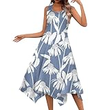 Sommerkleid Damen Lang, Tunika Kleid Damen Sommer Hemdblusenkleid Damen Boho Elegant Kleid Damen Kurz Urlaub Midi Ärmellos Swing Sommerkleider Knielang Damenkleider Knielang Crossdresser (Sky Blue,M)