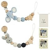 KUWUNG 2 Stück Handgemachte Schnullerkette, Kaninchen Design & Blaue Elefanten Geschenk für Babyparty, Geburtstag Weihnachten