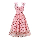 Vhersily Damenkleid, Vintage, elegant, mit dünnen Trägern, Erdbeere/Blume/Kirsche, Netzstoff, Sommerkleid, Party, Hochzeit, Frühling, Cocktailkleid, Prinzessinnenkleid, rot, XXL
