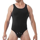 iEFiEL Herren Overall mit Kent Kragen Kurzarm Poloshirt Hemd Bodysuit mit Druckknöpfe im Schritt Männer Sportbody Tops Clubwear W Schwarz Ärmellos XXL