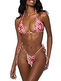 LUNNTE Damen Halfter String Bikini Set Sexy Tanga Frech Zweiteilige Badeanzüge Badebekleidung (Rote Blume, M)