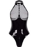 Satohom Damen Wetlook Body Leder Bodysuit Brust Harness PU Leder Halsband mit Kette Erotik String Body Unterwäsche Gogo Unterwäsche Clubwear mit Neckholder