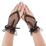 Yolev Fingerlose Handschuhe Spitze Damen Kurze Schleife Hochzeit Netzhandschuhe Schwarz Weiß Elegantes Halloween Teeparty Abschlussball Cosplay Beerdigung MaskeradeSpitzenhandschuhe für Mädchen