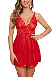 ADOME Damen Negligee Sexy Babydoll Lingerie Nachthemd Strapen Dessous Set Reizwäsche Öffnen Zurück Rot XXXL