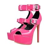 MissHeel Plateau Peep Toe Pumps Schnallen Absatzschuhe High Heels Stilettos Rosa EU 43