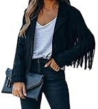 Bibowa Kunstlederjacken für Damen, trendige Herbstjacke mit Westernfransen, Cropped-Jacke 2025, Quaste, Schwarz, Large