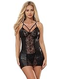 comeondear Lederkleid Damen Spitze Kleider Sexy Partykleid Wetlook Minikleid Kunstleder Dessous Set Clubwear Große Größen Reizwäsche L