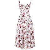 IBTOM CASTLE Damen Blumen Korsett Kleid Quadratischer Ausschnitt Spaghettiträger Sommer Boho Sonnenkleid Lässig Flowy Schlitz Bustier Kleider Weiß/Große Rosen Blume M