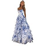 Vhersily Trägerlose Ballkleider mit Korsett für Damen, Chiffon, geschichtet, formelle Abendkleider mit Schlitz, Frühlingskleidung, sexy Kleid, Curvy, Zeremonie, Brautjungfer, Mädchen, blau, XXXL