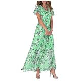 Sommerkleid Damen Lang - Maxikleid Damen Blumenkleid, Strandkleid Damen Sommer Chiffon Kleid Rüschen Kurzarm V-Ausschnitt Swing Boho Langes Kleider Elegant Festlich Freizeitkleid Partykleid