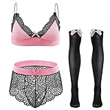 FYMNSI Herren Sissy Dessous Männer Unterwäsche Set Crossdresser Transparent Spitzen BH Top String Tanga Slip mit Lange Strümpfe 3tlg Reizwäsche Erotik Unterhose Nachthemden Negligee Rosa + Schwarz 3XL