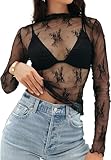 BUNSLOOM Damen Mesh Oberteil Spitze Langarm Sexy Transparent Shirt Stehkragen Blumenstickerei See Through Bluse
