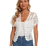 PGPBVLVGHM Damen Kurzarm Spitze Shrugs Bolero Cardigan Häkeln Transparent Crop Jacke(Weiß,S)