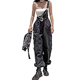 ENFUSO Damen-Cargohose, Gothic, Schwarz, mit Schleife, Gürtel, Latzhose, weites Bein, legere Hose (mit Bund), Grey01, Small