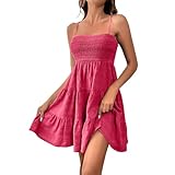 ZTFYKLIN Summer Outfits for Women Frauen EIN Halsausschnitt Spaghetti Camisole Volltonfarbe Schößchen strukturierte Kleid Damen Sommer Kleider, Mode hohe Taille Basic- Kleidchen Angebote