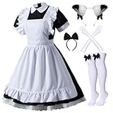 Wannsee Japanisches Anime, Lolita, französisches Dienstmädchen, Schürze, Kostüm, Cosplay, Kostüm, Handschuhe, Kopfbedeckung, Socken, Set, 6 Stück, 6 Stück, schwarz., 4XL