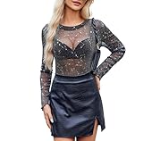 Zeagoo Damen Netzoberteil Transparent Netz Oberteil Mesh Sheer Oberteile Langarmshirt Casual Tops Sheer Bluse Tüll Mesh T-Shirt Tunika Clubwear Party B-Schwarz L