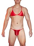 Freebily Männer Sissy Dessous BH Set Glanz Sissy Panties Slip Bralette Top Herren Erotische Unterwäsche Crossdressing Outfit Rot_A Einheitsgröße