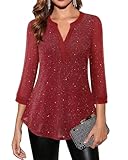 Vafoly Blusen mit V-Ausschnitt für Damen elegant lässig Frühling Herbst Tunika-Oberteile für Damen lockere Passform 3/4-Armel Hemden durchsichtige Lagen Büroarbeitskleidung Blinken Rot M